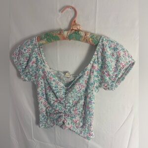 Floral Puff Sleeve Ruched Bodice Cottage Core Milkmaid Crop Top Women’s S-M